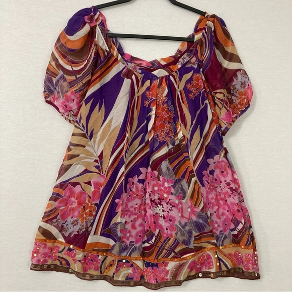ECI New York Pink Purple Floral Silk Sequins Top size 4 - Picture 1 of 11